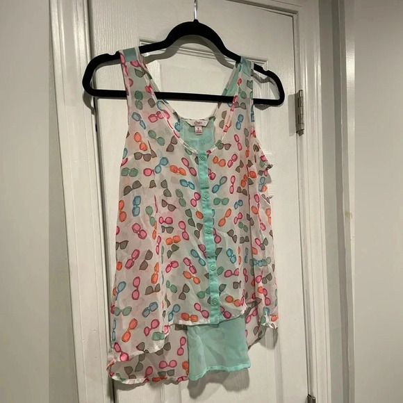 Candies Sheer Neon Sunglasses Print Flowy Button Tank Top Beach Travel Size S - Picture 3 of 9